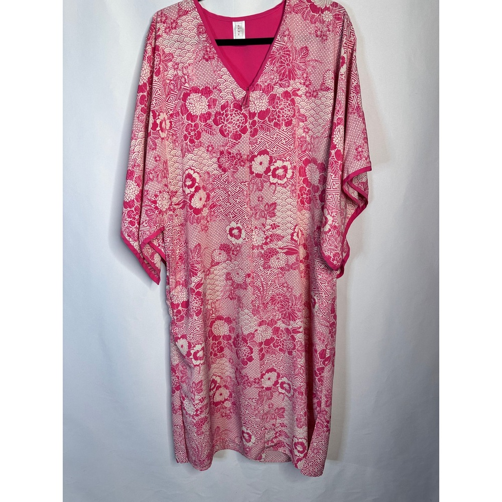 NATORI Cruz Pink White Floral Kaftan Kimono Sleeve Maxi Dress Pockets Loungewear